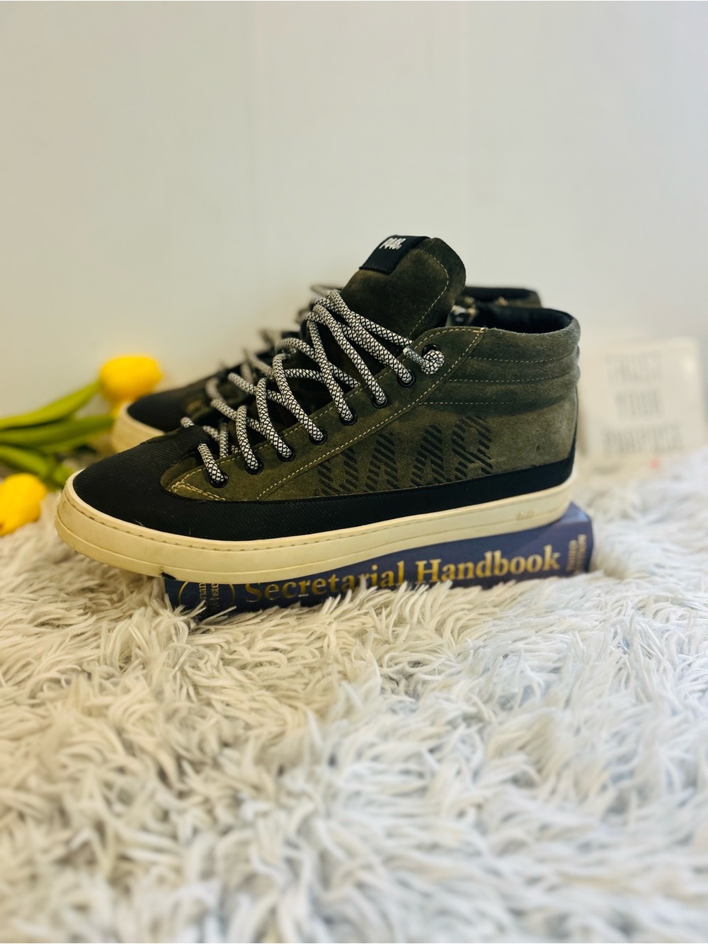 P448 Olive Green and Black High-Top Sneakers